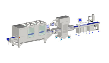 Tray packaging and sealing line